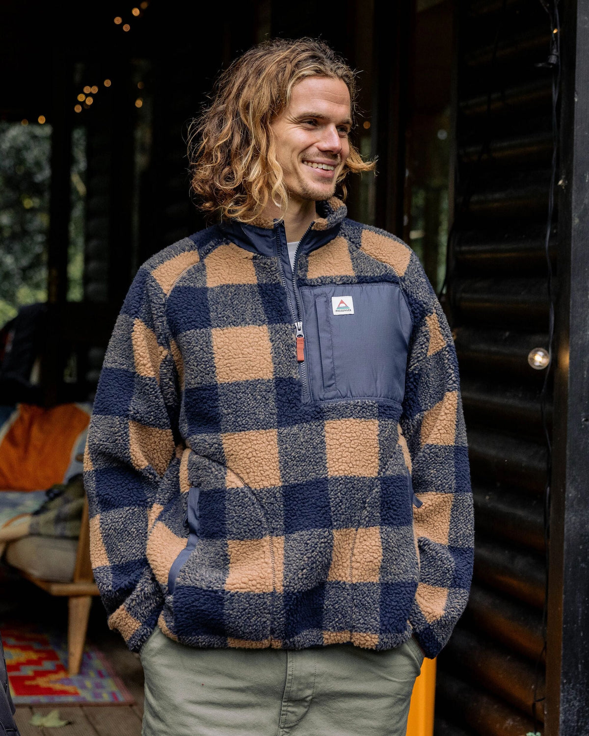 Offroad Recycled Sherpa  1/2 Zip Fleece: Toffee / Rich Navy Buffalo