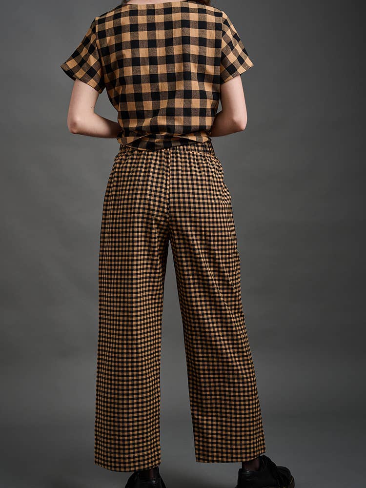 Emmy Drawstring Pant Black and Tan Small Gingham