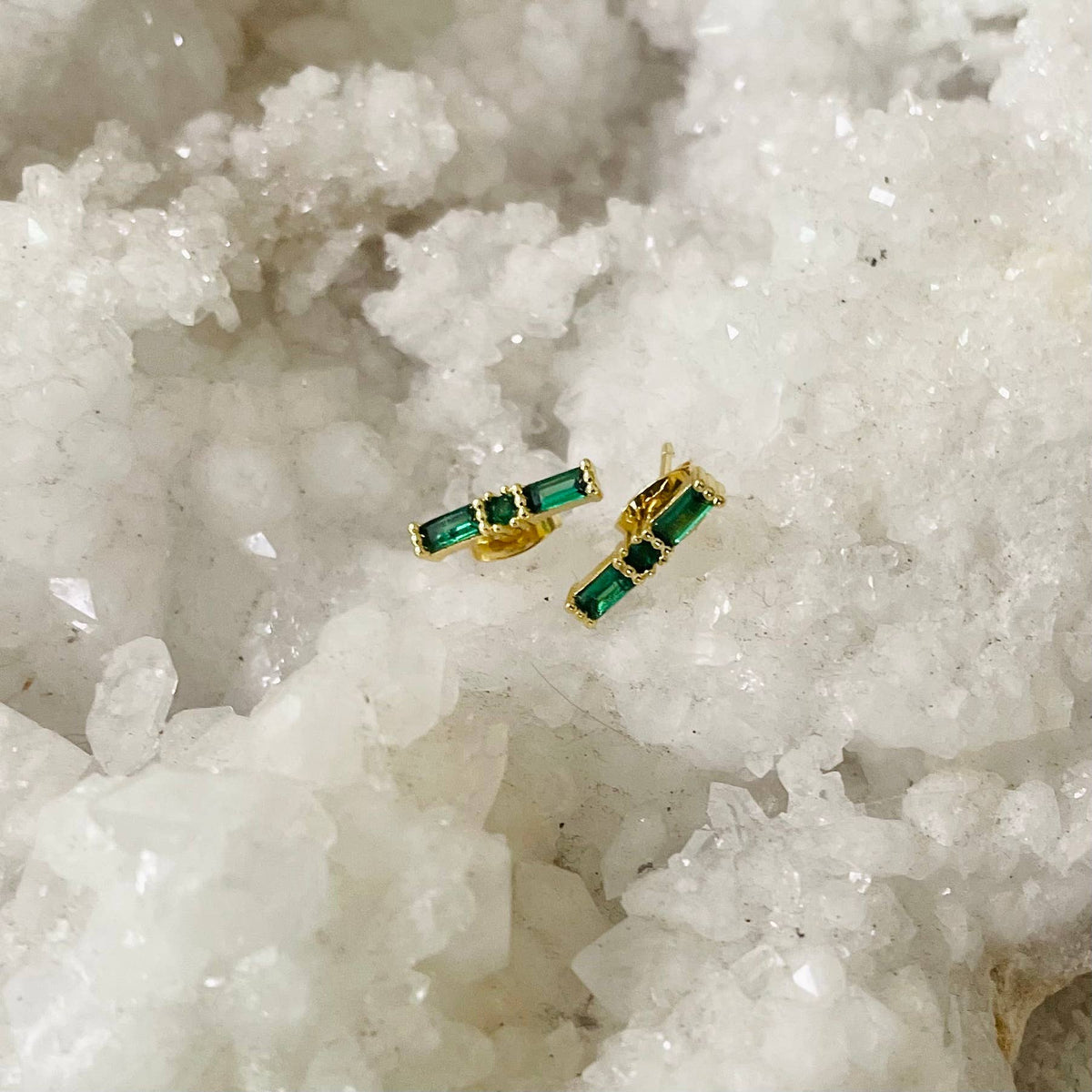 Green Stone Stud Earrings. Single. Gold Filled