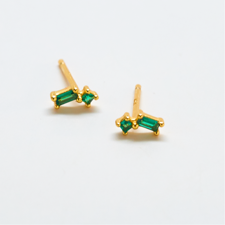 Green Cubic Zirconia Geometric Baguette Gold Vermeil Stud