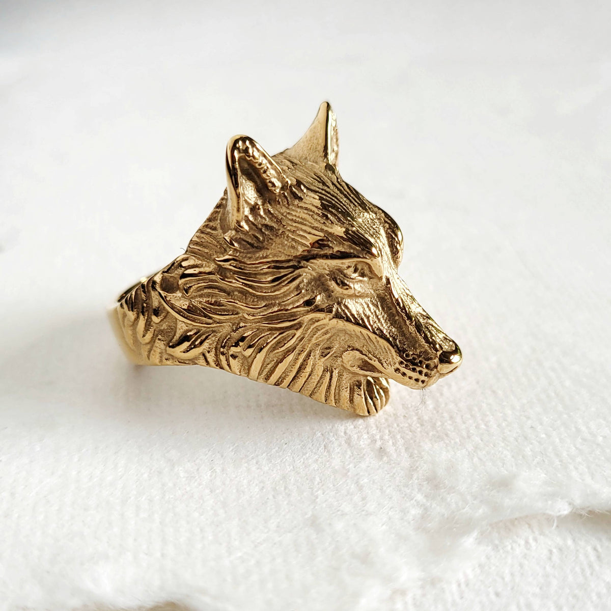 Wolf dog fox canine animal ring gold plated bold