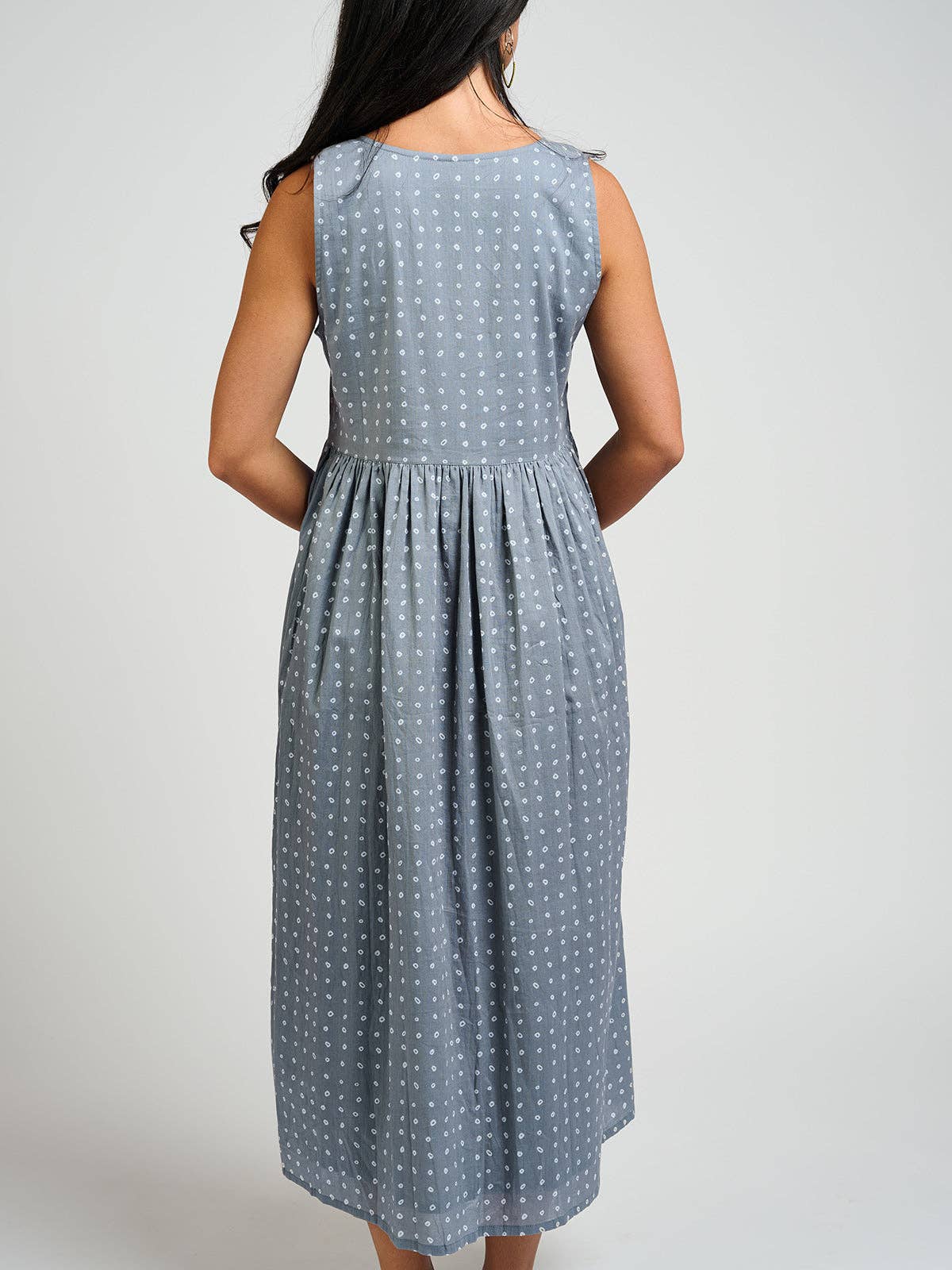 Olivia Dress Slate Blue Dots: Cream and Cornflower Dots