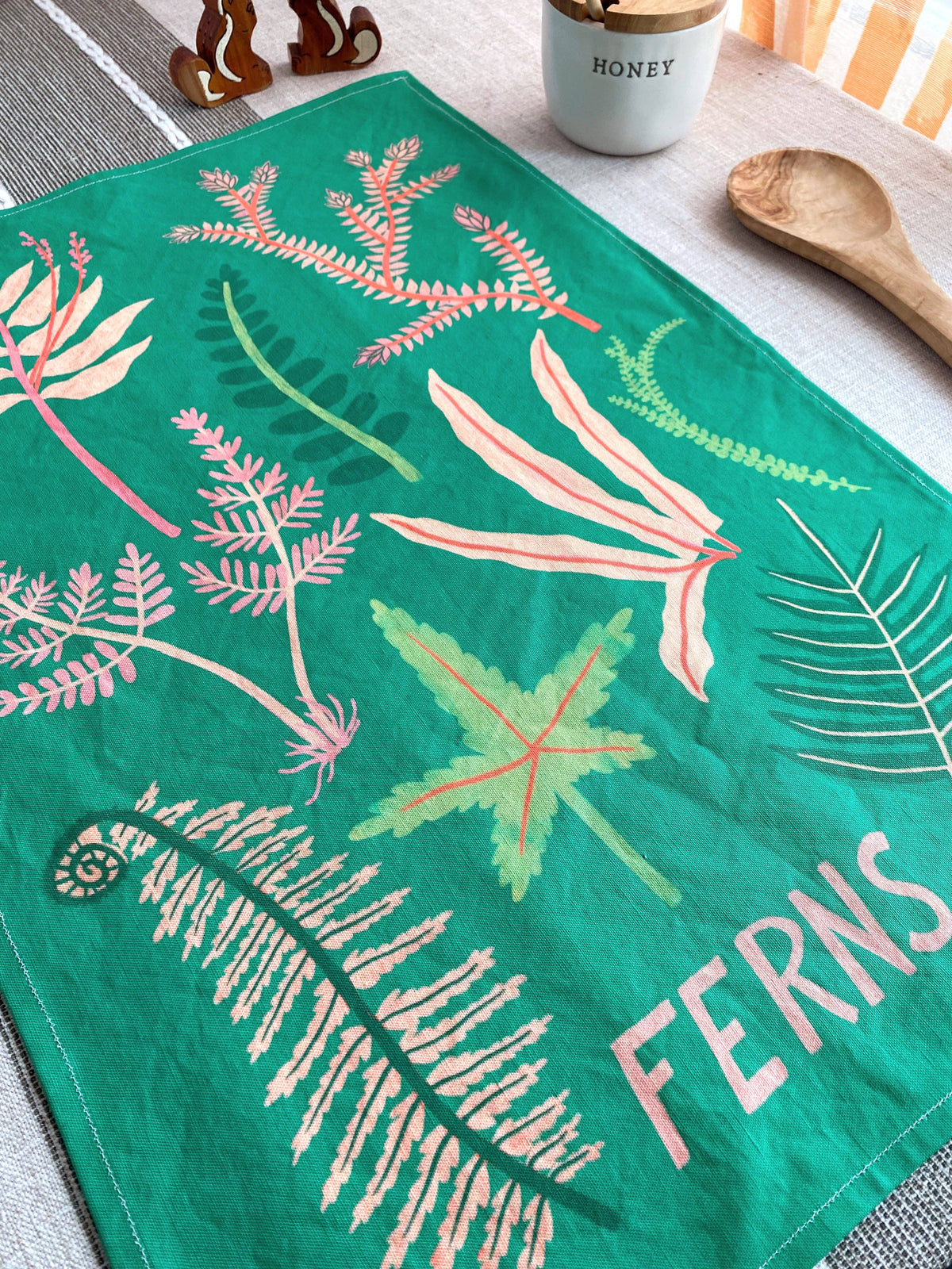 Pink &amp; Green Ferns Tea Towel