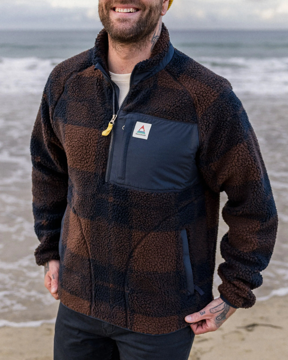 Offroad Recycled Sherpa  1/2 Zip Fleece: Chestnut / Deep Navy Check