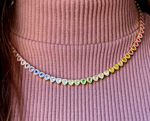 Heart Tennis Necklace- 14K Ombré CZ: Multi