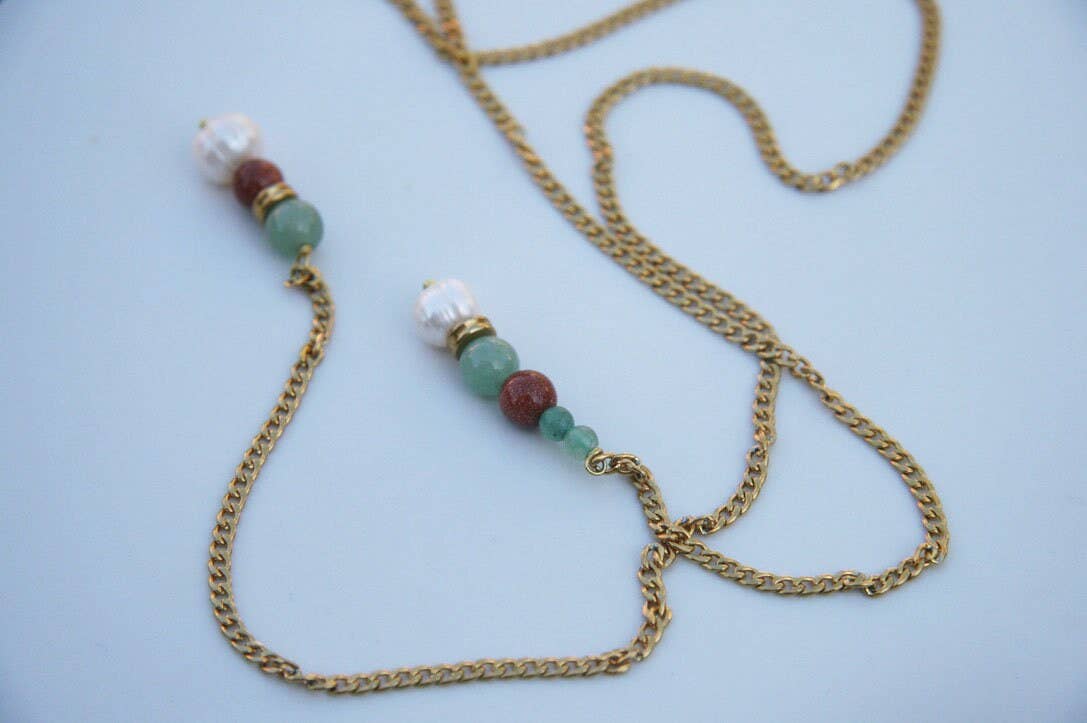 Pearl and Jade Long Curb Chain Necklace