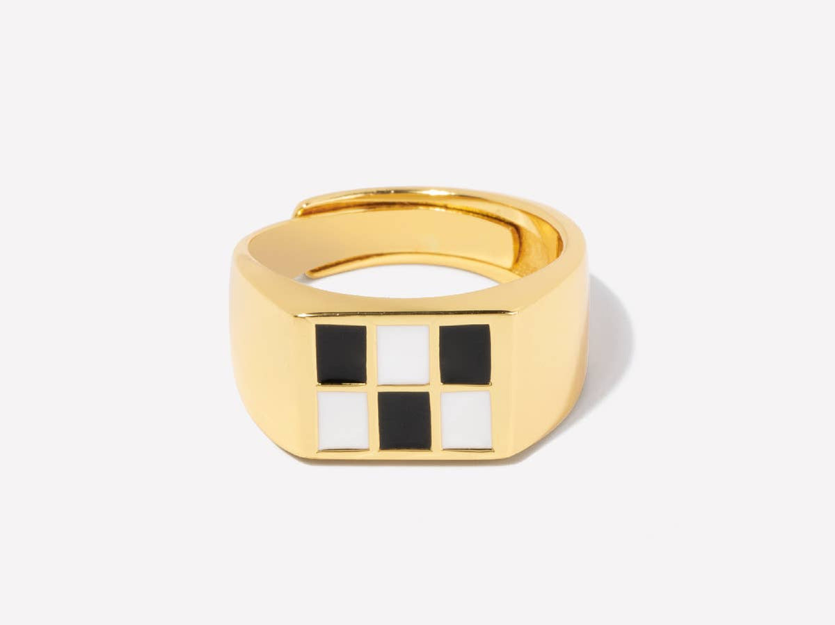 Checkered Black and White Enamel Ring