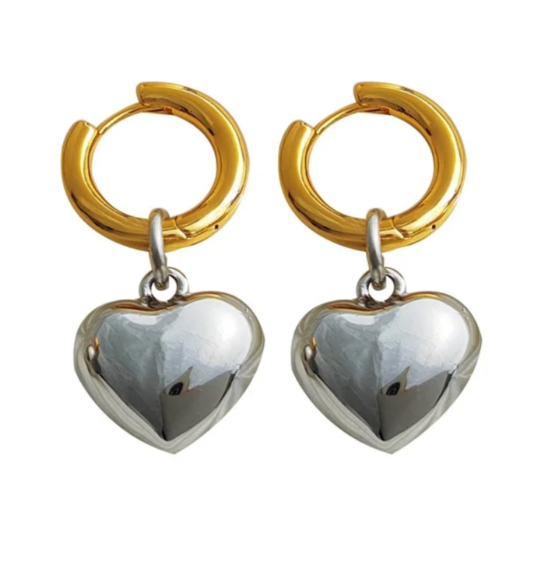 Heart Charm Hoop Earring - Mixed silver/gold