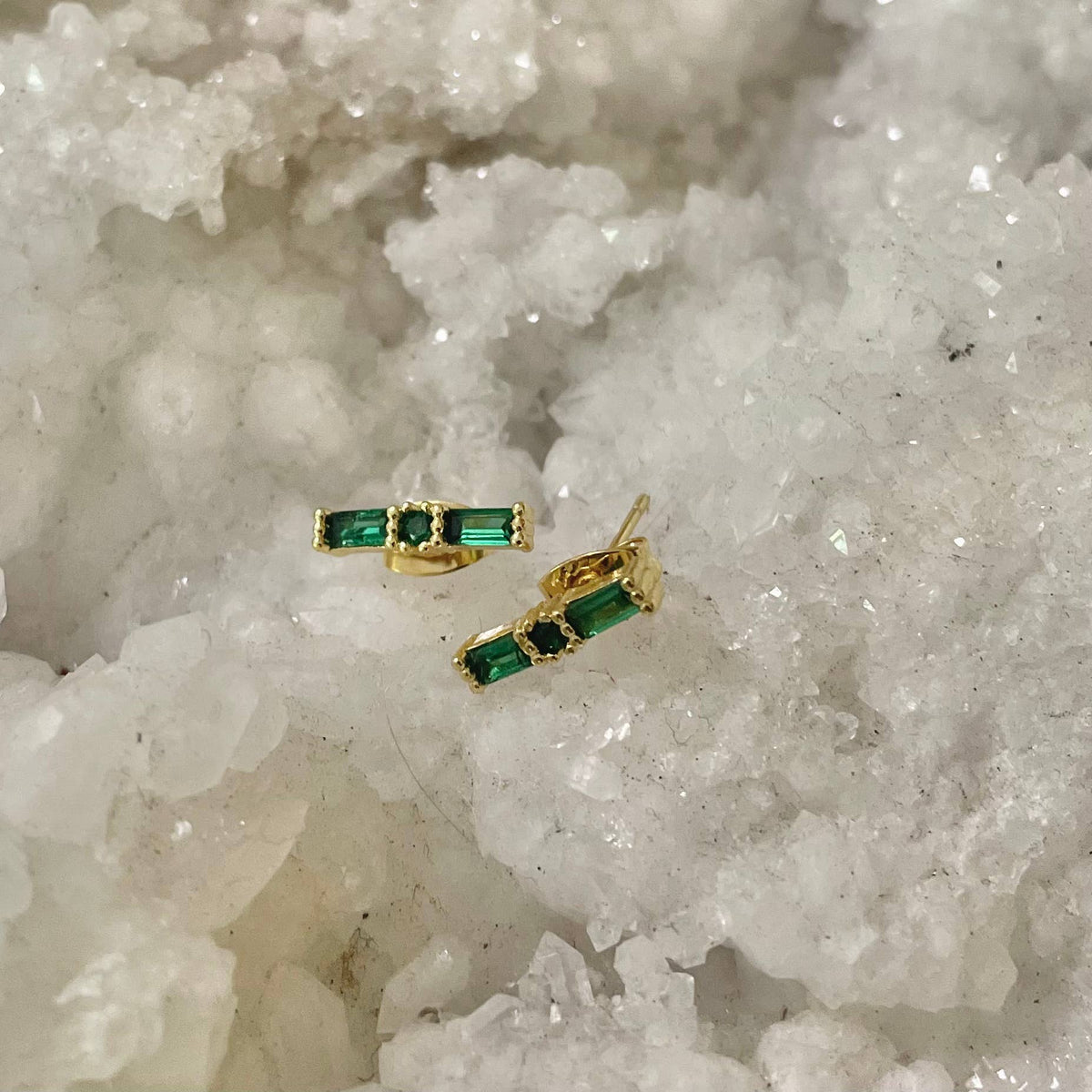 Green Stone Stud Earrings. Single. Gold Filled