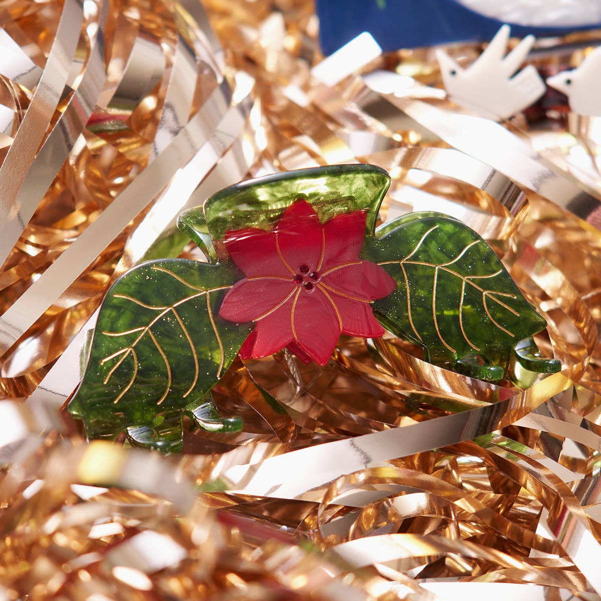 Poinsettia Red and Green Acetate Christmas Flower Hair Claw