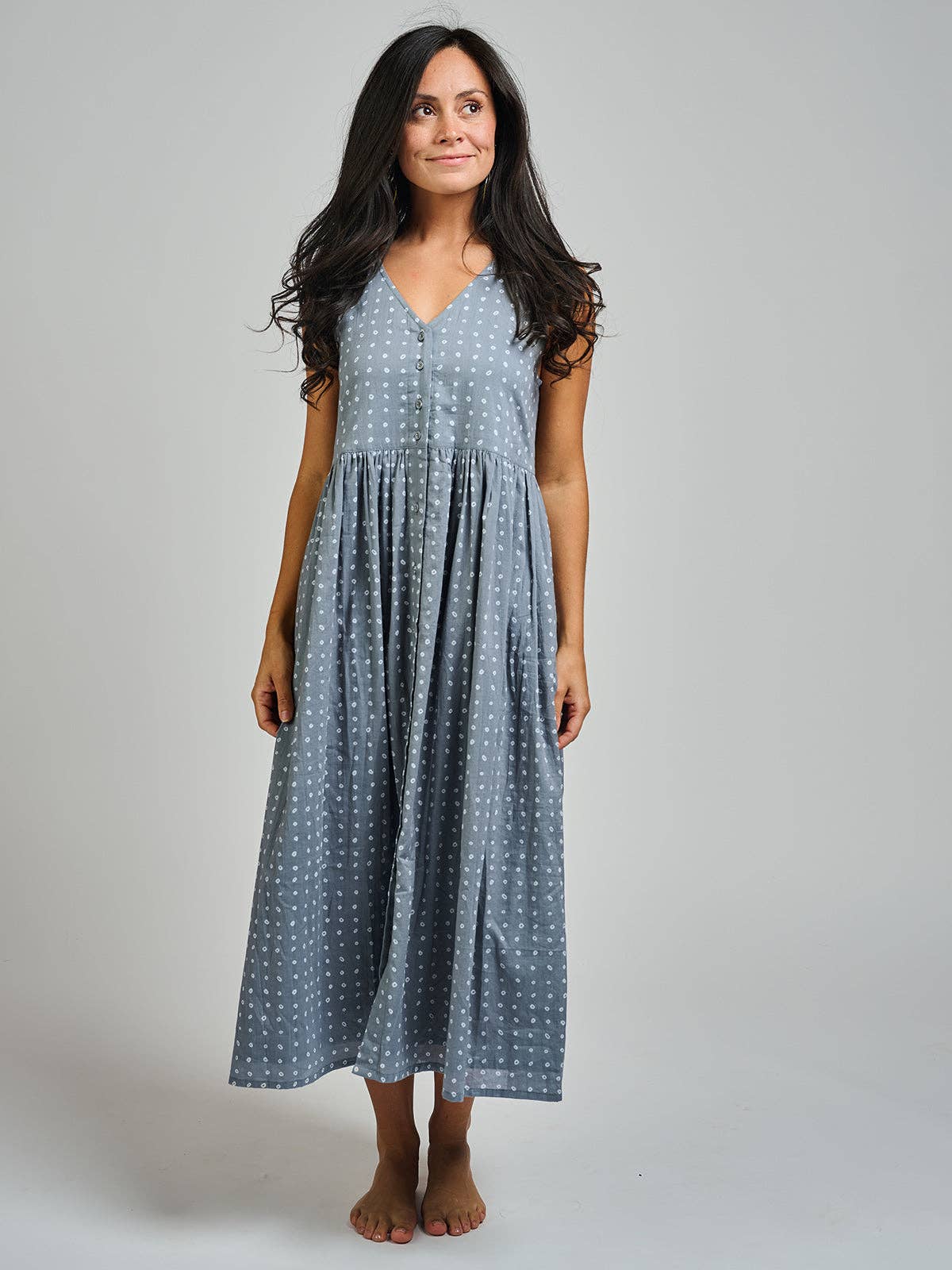 Olivia Dress Slate Blue Dots: Cream and Cornflower Dots