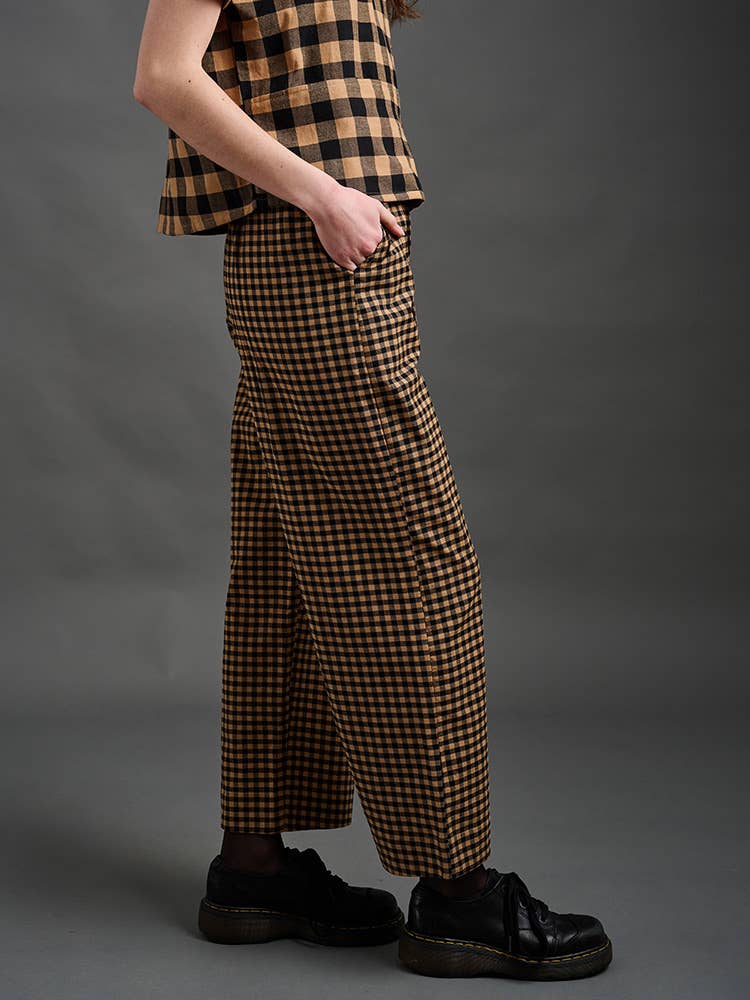 Emmy Drawstring Pant Black and Tan Small Gingham