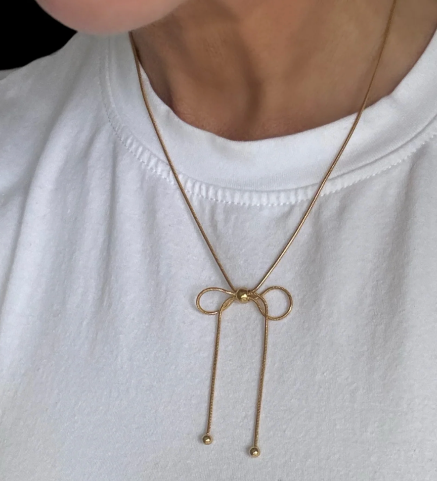 Bow- Steel Necklace. 14K Gold. Lariat