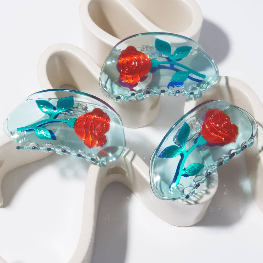 Red Rose Flower Hair Claw in Crystal Clear Blue Acetate