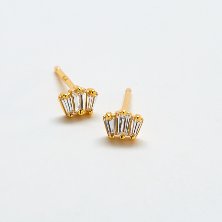 White Trio Baguette Gold Vermeil Stud