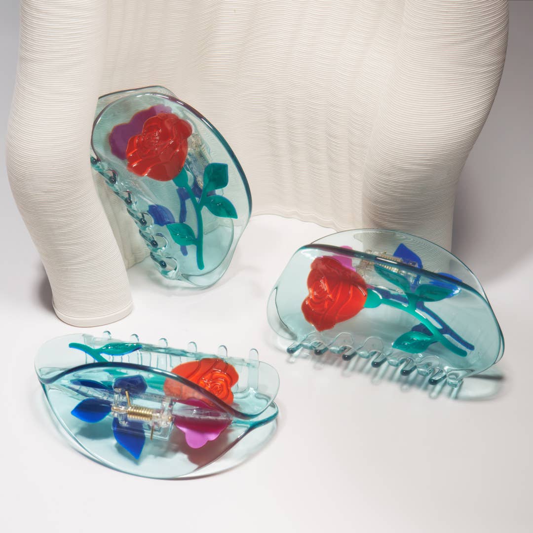 Red Rose Flower Hair Claw in Crystal Clear Blue Acetate