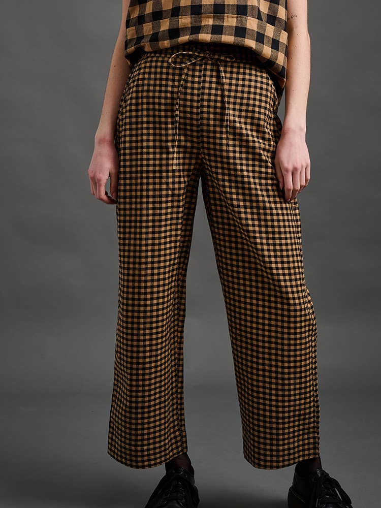 Emmy Drawstring Pant Black and Tan Small Gingham