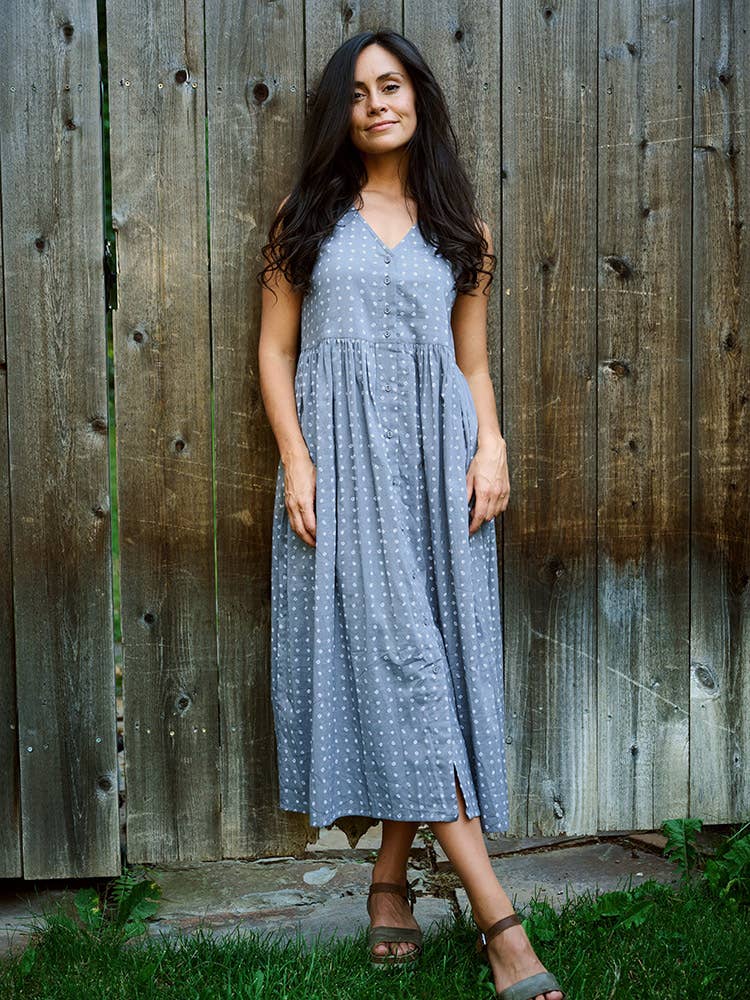 Olivia Dress Slate Blue Dots: Cream and Cornflower Dots