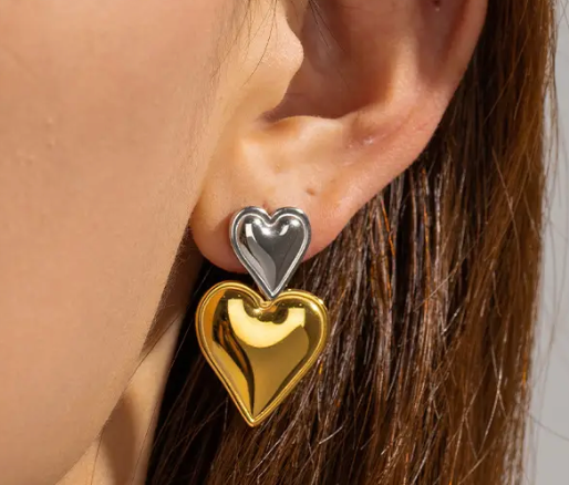 Heart Double Drop Stainless Steel Earring Tic Tok: Mixed silver hoop/gold heart