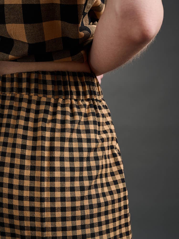 Emmy Drawstring Pant Black and Tan Small Gingham