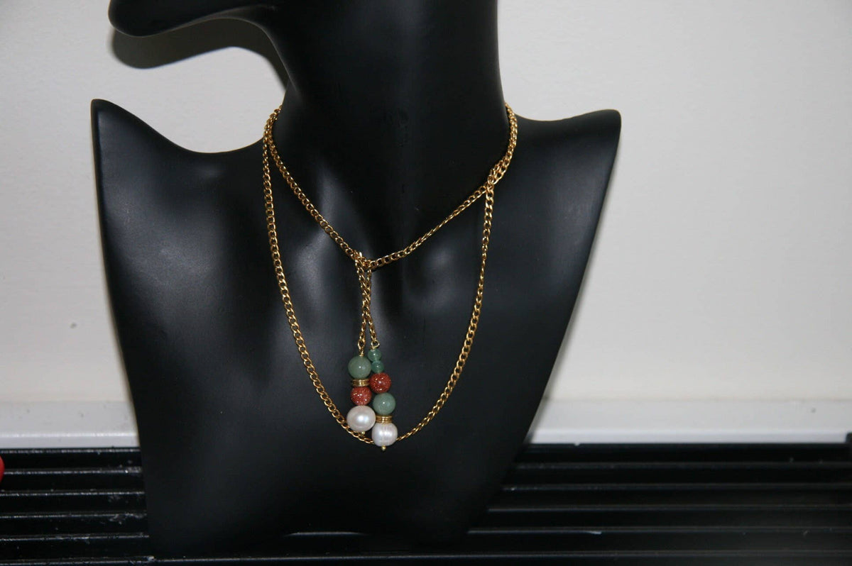 Pearl and Jade Long Curb Chain Necklace