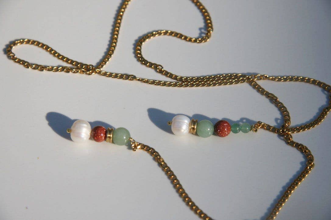 Pearl and Jade Long Curb Chain Necklace