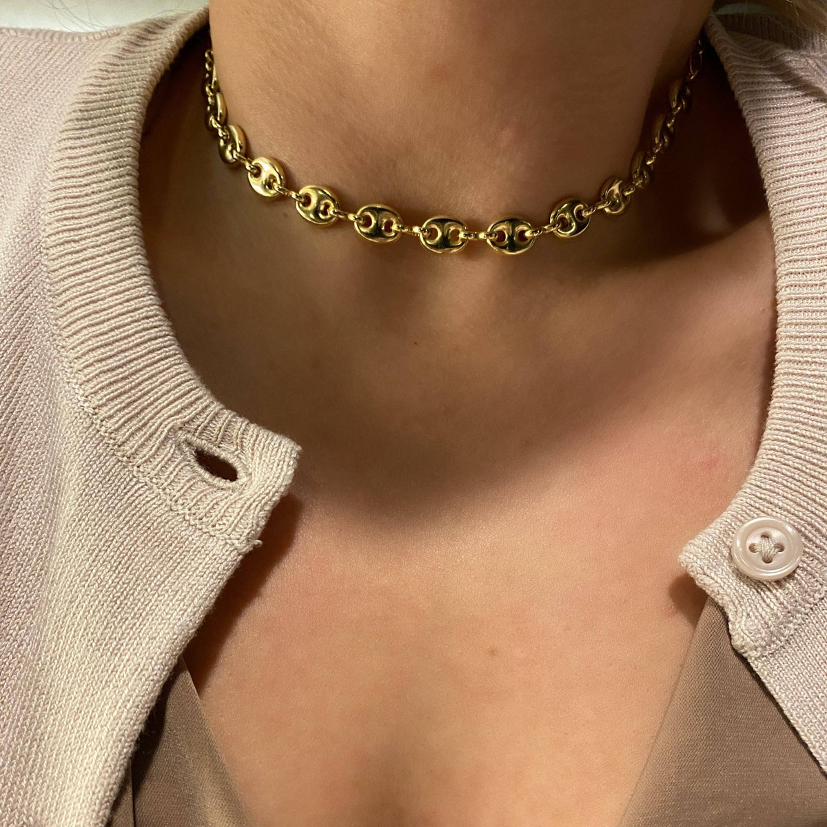 18k Gold Filled Puffy Mariner Choker Featuring Unique Chain Extender