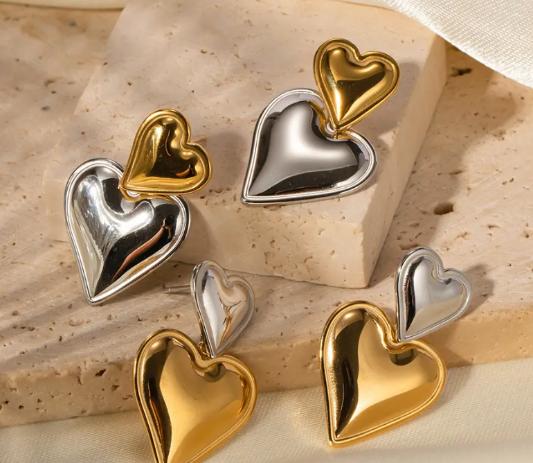 Heart Double Drop Stainless Steel Earring Tic Tok: Mixed silver hoop/gold heart