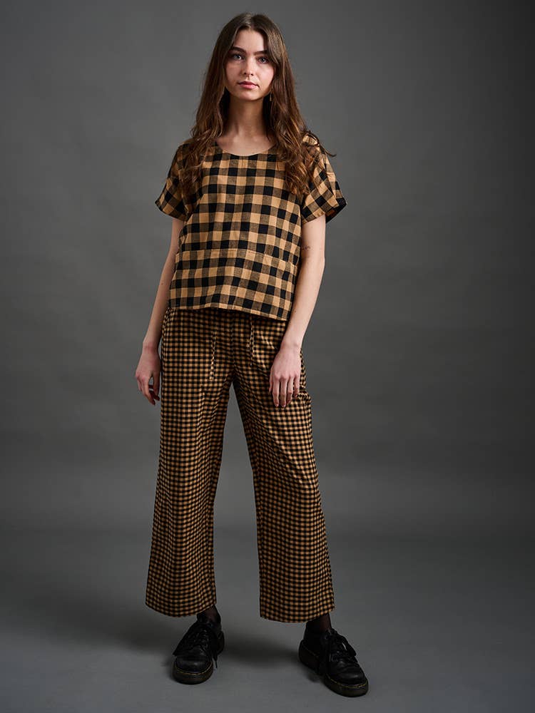 Emmy Drawstring Pant Black and Tan Small Gingham