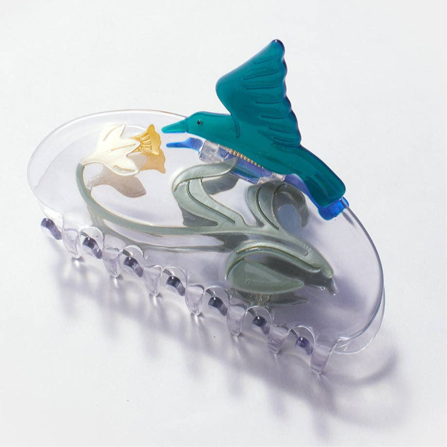 Narcissus Flower and Hummingbird Clear Acetate Hair Claw