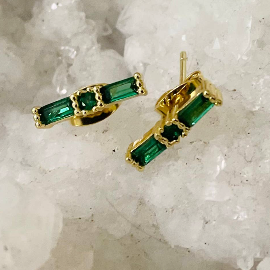 Green Stone Stud Earrings. Single. Gold Filled