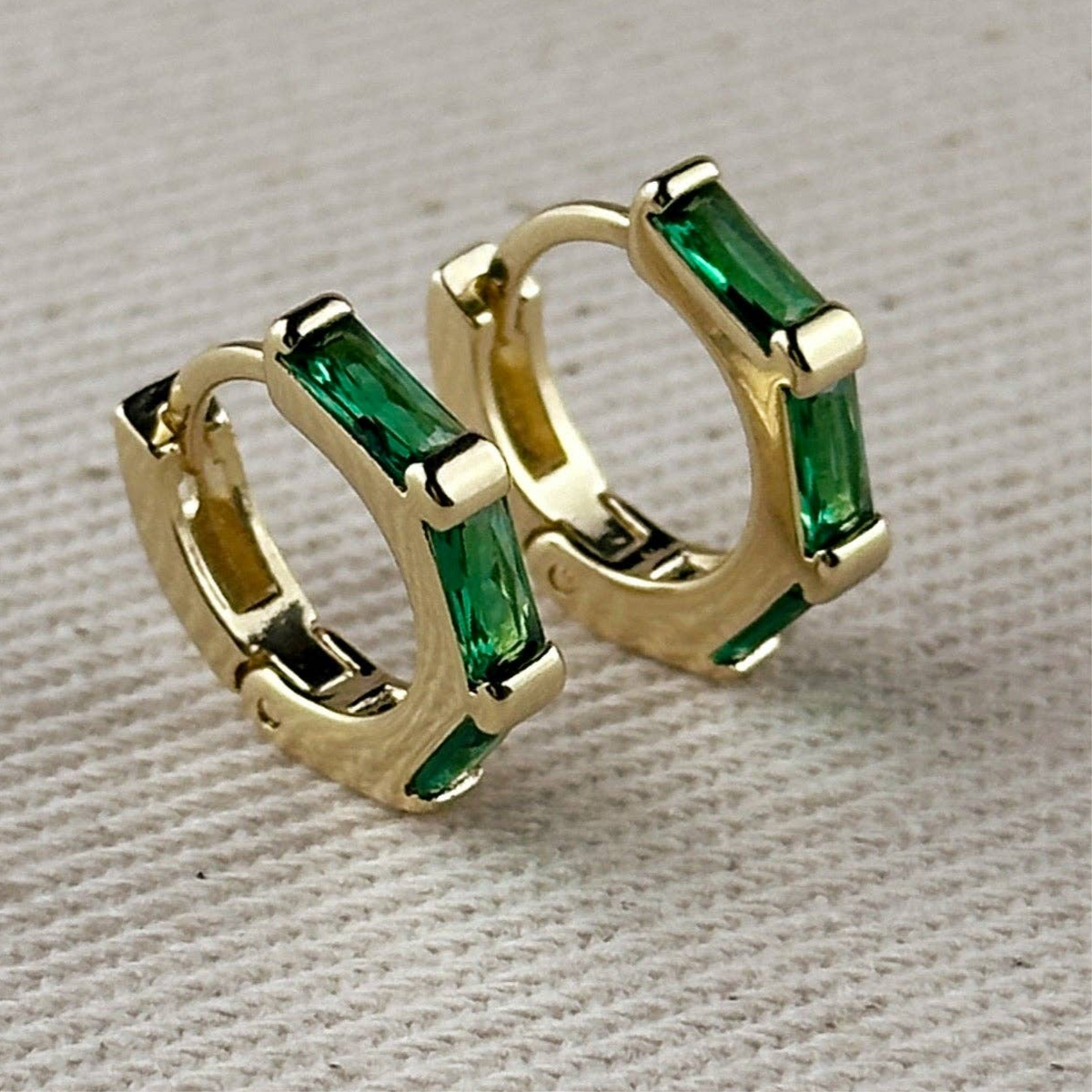 18k Gold Filled CZ huggie Hoop earring pair : Emerald