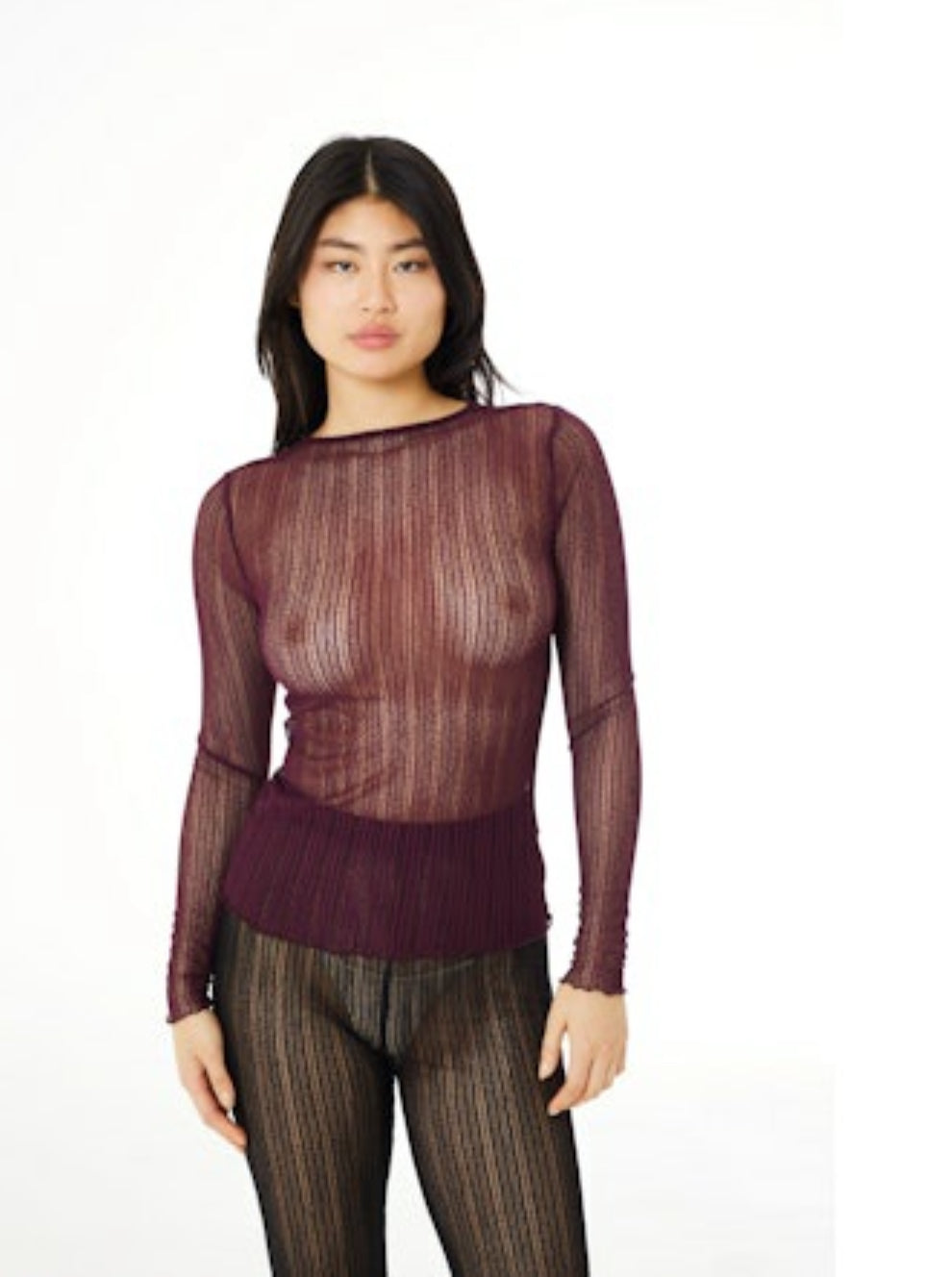 Ribbed Mesh Crew Wine