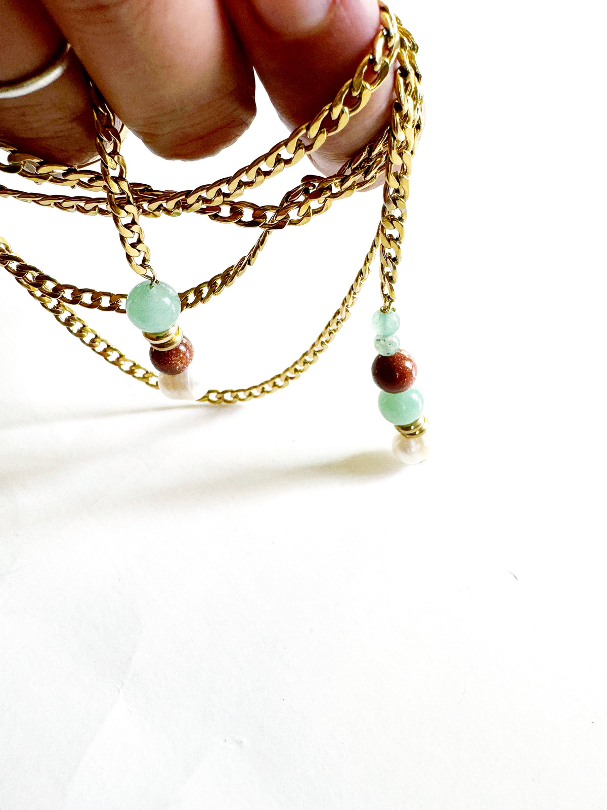 Pearl and Jade Long Curb Chain Necklace