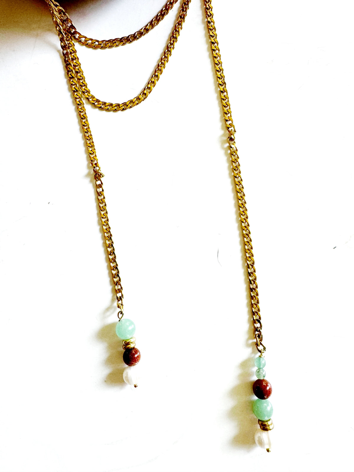 Pearl and Jade Long Curb Chain Necklace