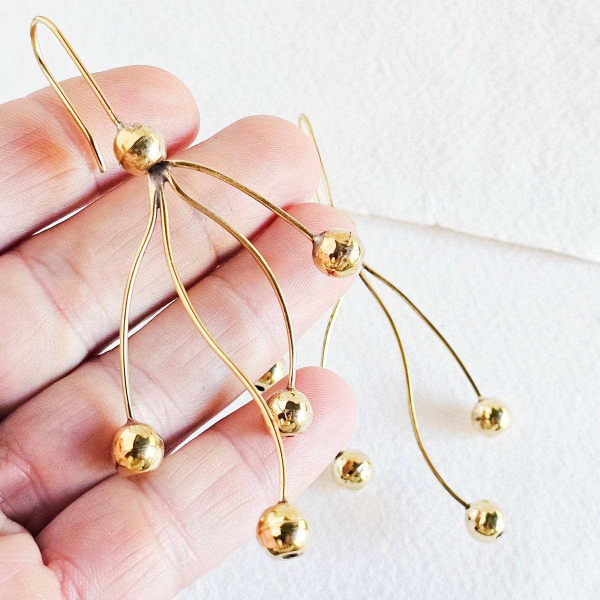 Brass Gold bead Pearl spheres chandelier Earrings