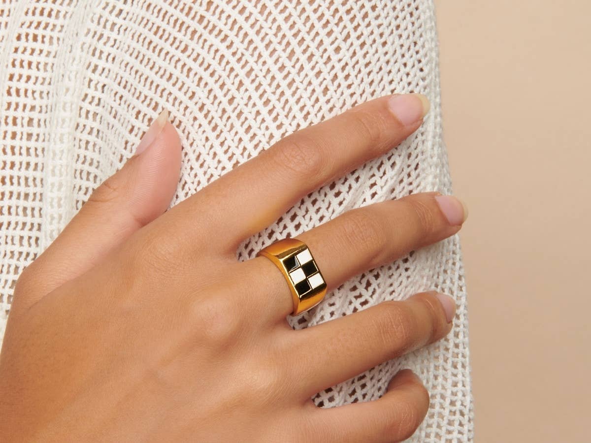 Checkered Black and White Enamel Ring