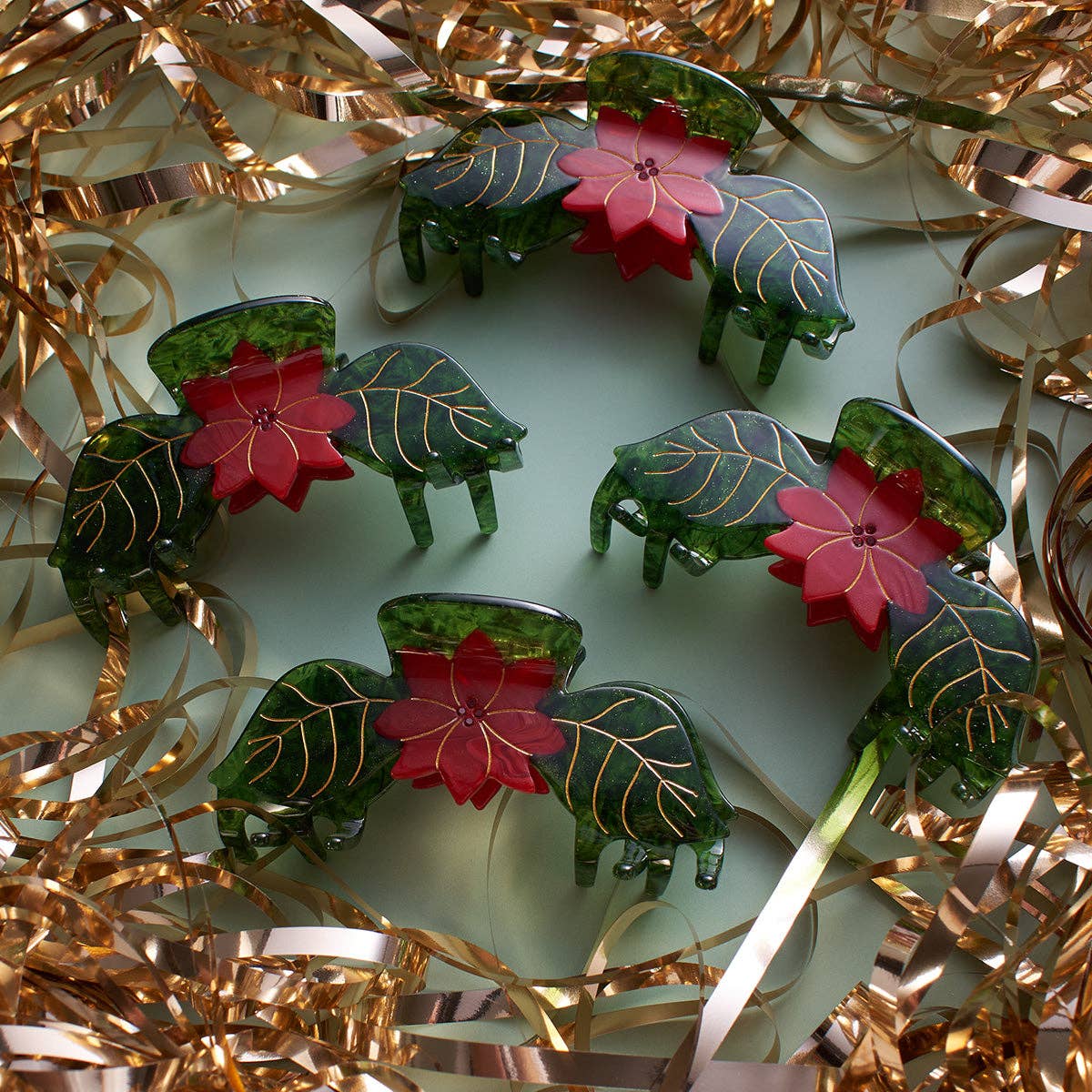 Poinsettia Red and Green Acetate Christmas Flower Hair Claw