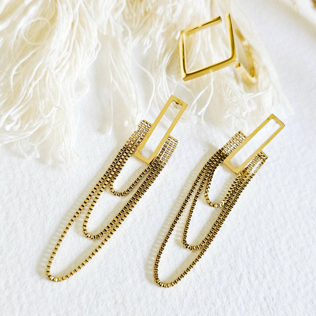 Rectangle modern chain  earrings gold plated brass