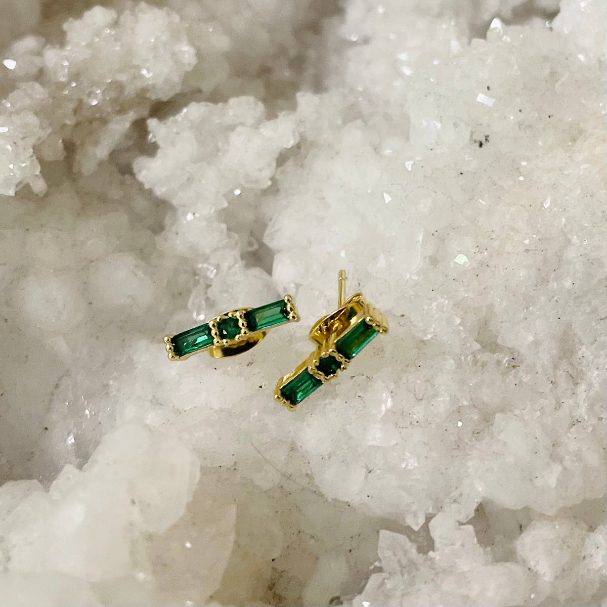 Green Stone Stud Earrings. Single. Gold Filled