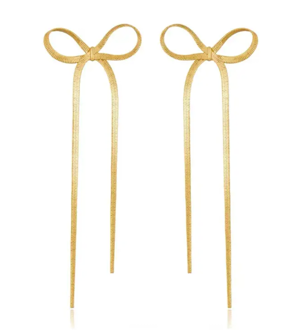 Bow Earrings- Snake Chain Wheat Pattern articulated Earring: Yellow Gold