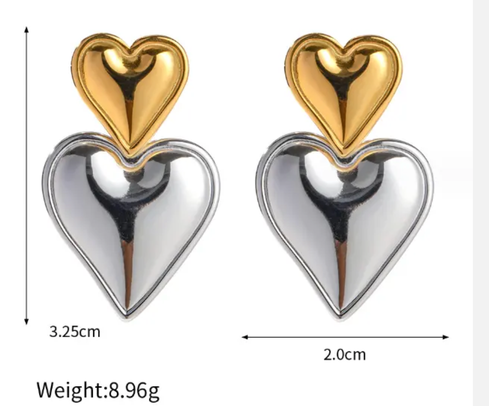 Heart Double Drop Stainless Steel Earring Tic Tok: Mixed silver hoop/gold heart