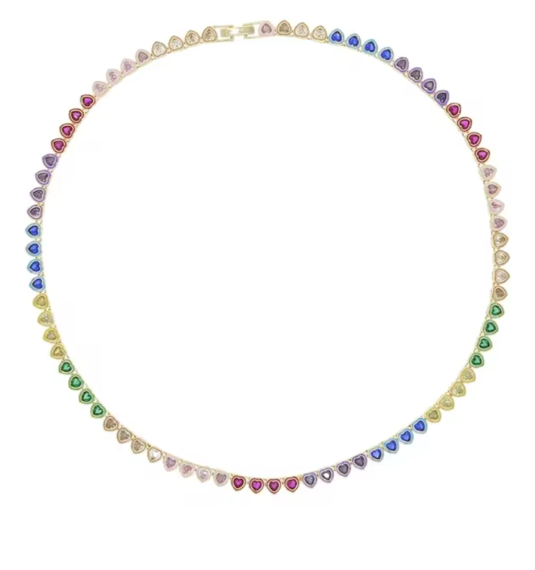 Heart Tennis Necklace- 14K Ombré CZ: Multi