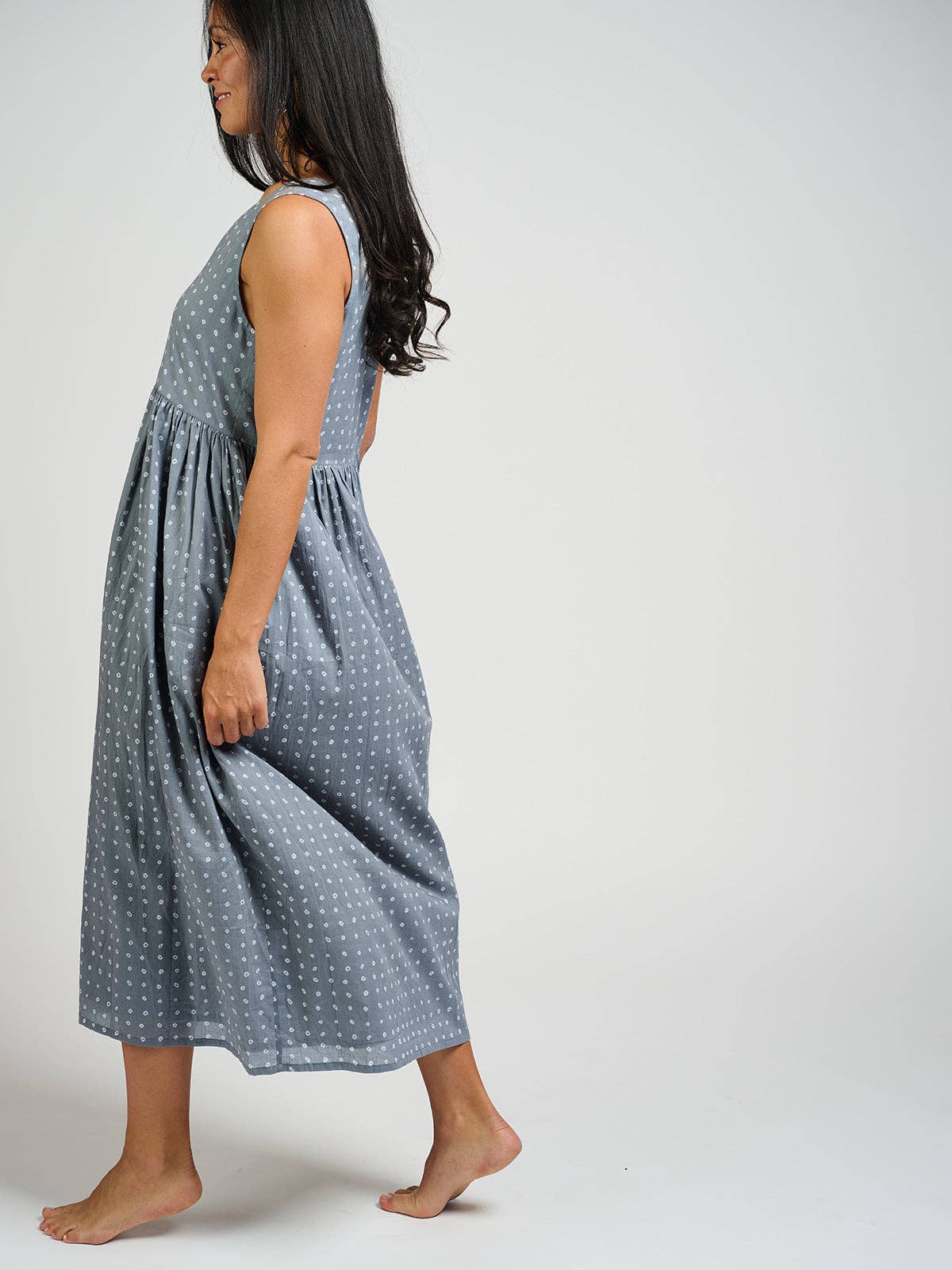 Olivia Dress Slate Blue Dots: Cream and Cornflower Dots