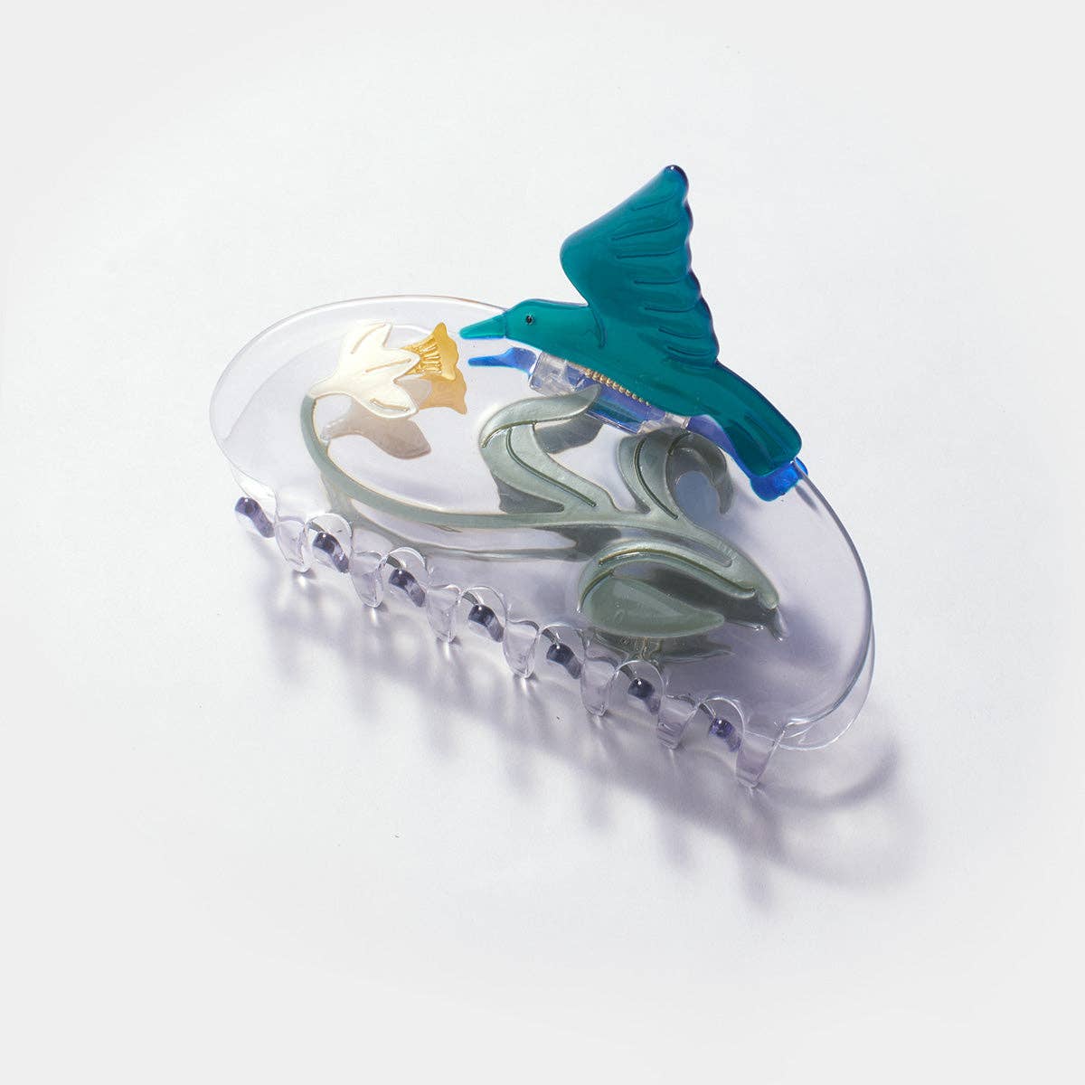 Narcissus Flower and Hummingbird Clear Acetate Hair Claw