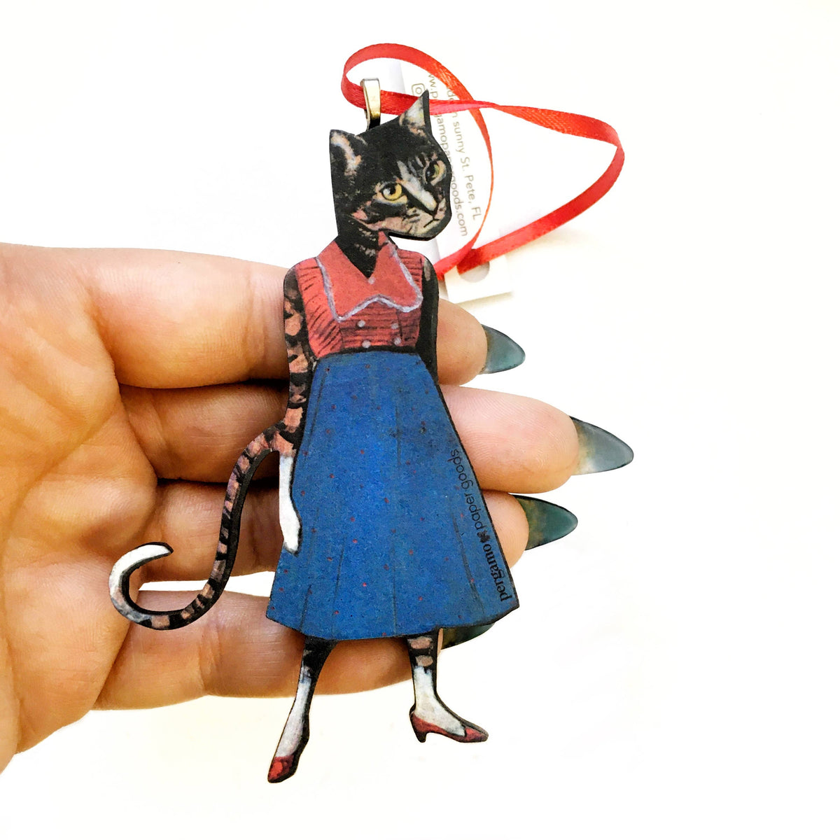 Handmade Wood: Red Shoe Cat Christmas Ornament