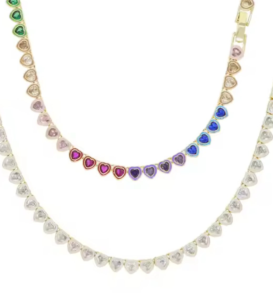 Heart Tennis Necklace- 14K Ombré CZ: Multi