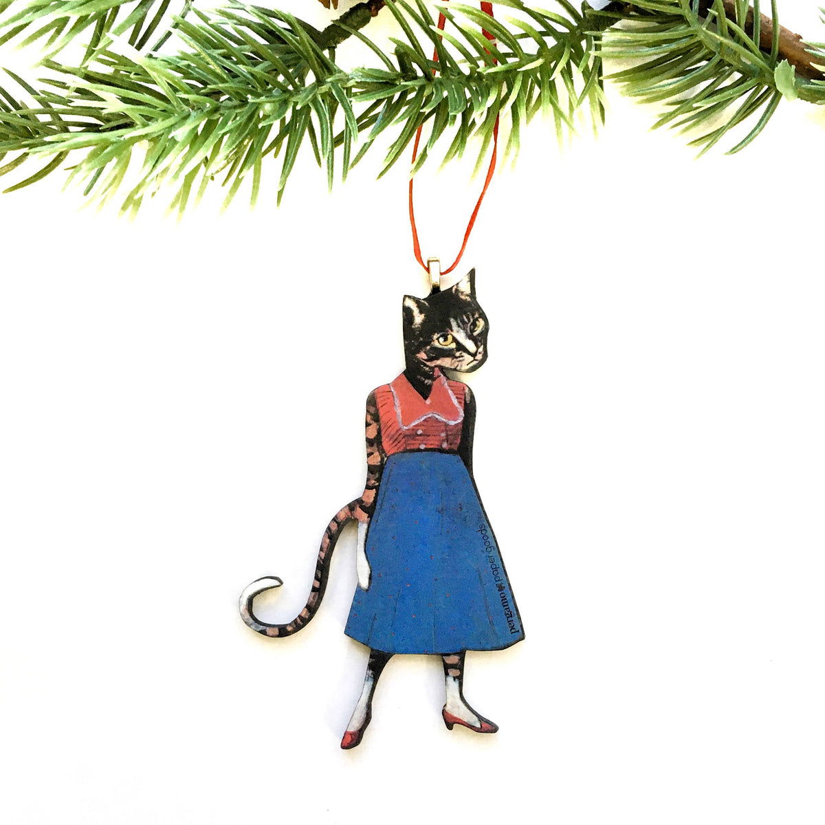 Handmade Wood: Red Shoe Cat Christmas Ornament