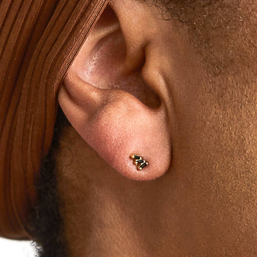 Black Triple Baguette Gold Vermeil Geometric Stud Earring